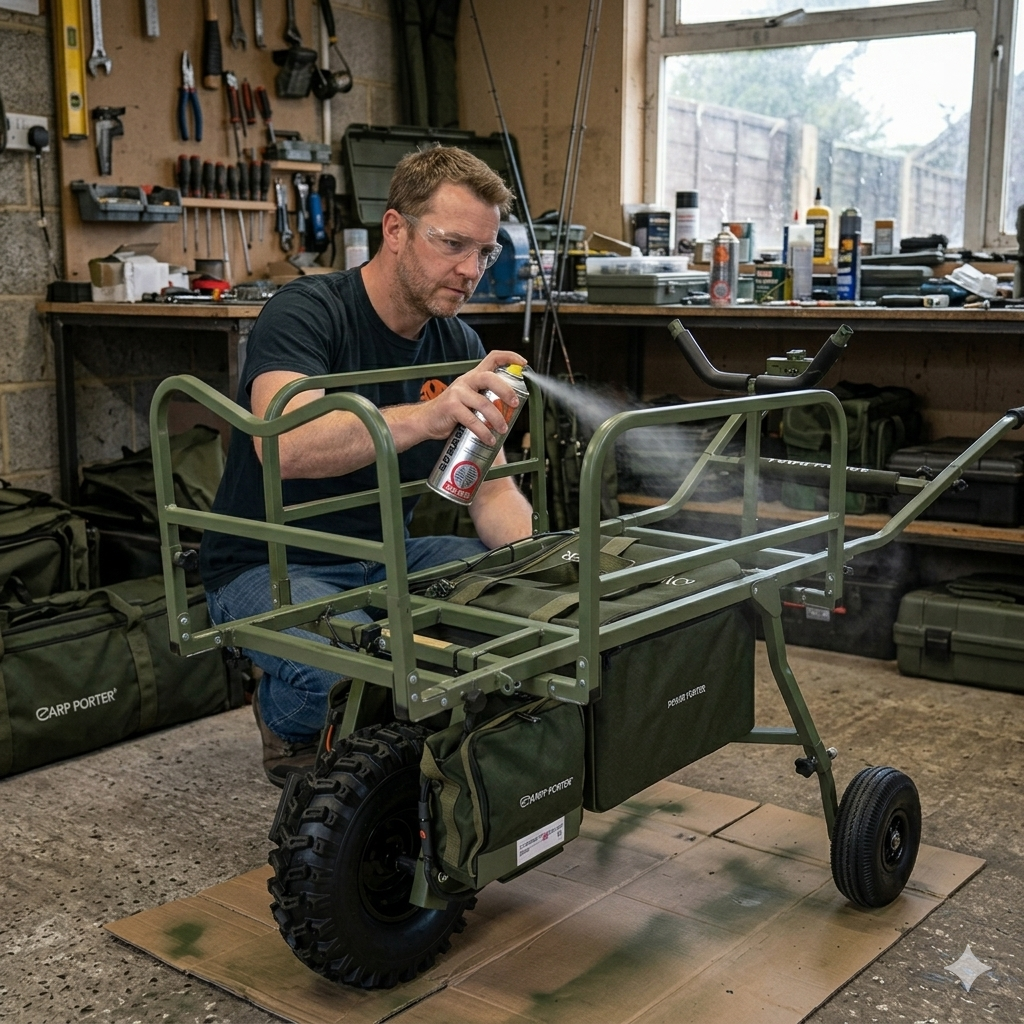 a man spraying his carp porter fishing barrow, with monstercolors carp green spray paint