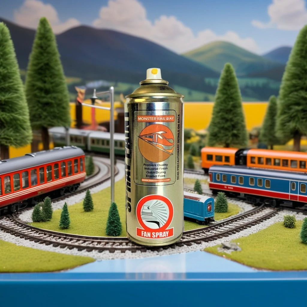 a monstercolors railway 400ml spray paint can on a model railway track