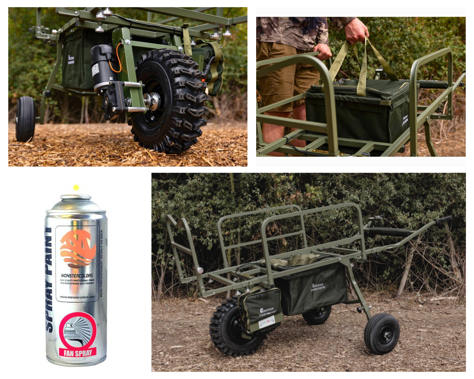 Carp Porter fishing barrow restored with Monstercolors™ spray paint – durable green finish for outdoor angling gear