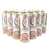 Multiple cans of Monstercolours PVC spray paint on a white background