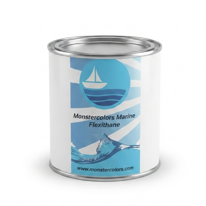 A white metal can of Monstercolors Marine Flotilaine paint, featuring a blue and white nautical graphic label with a sailboat and waves, set against a plain white background.