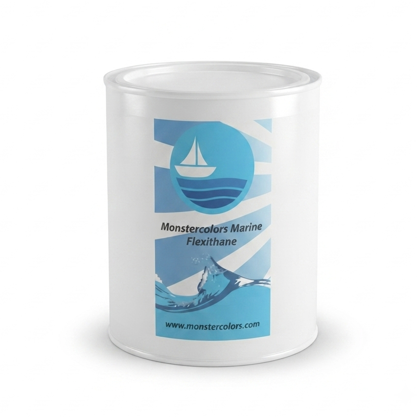 A white cylindrical plastic canister with a clear screw-on lid, featuring a blue and white graphic label for 'Monstercolors Marine Flexthiane' on a clean white background.