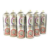 Set of six cans of Monster Colours PVC spray paint on a white background